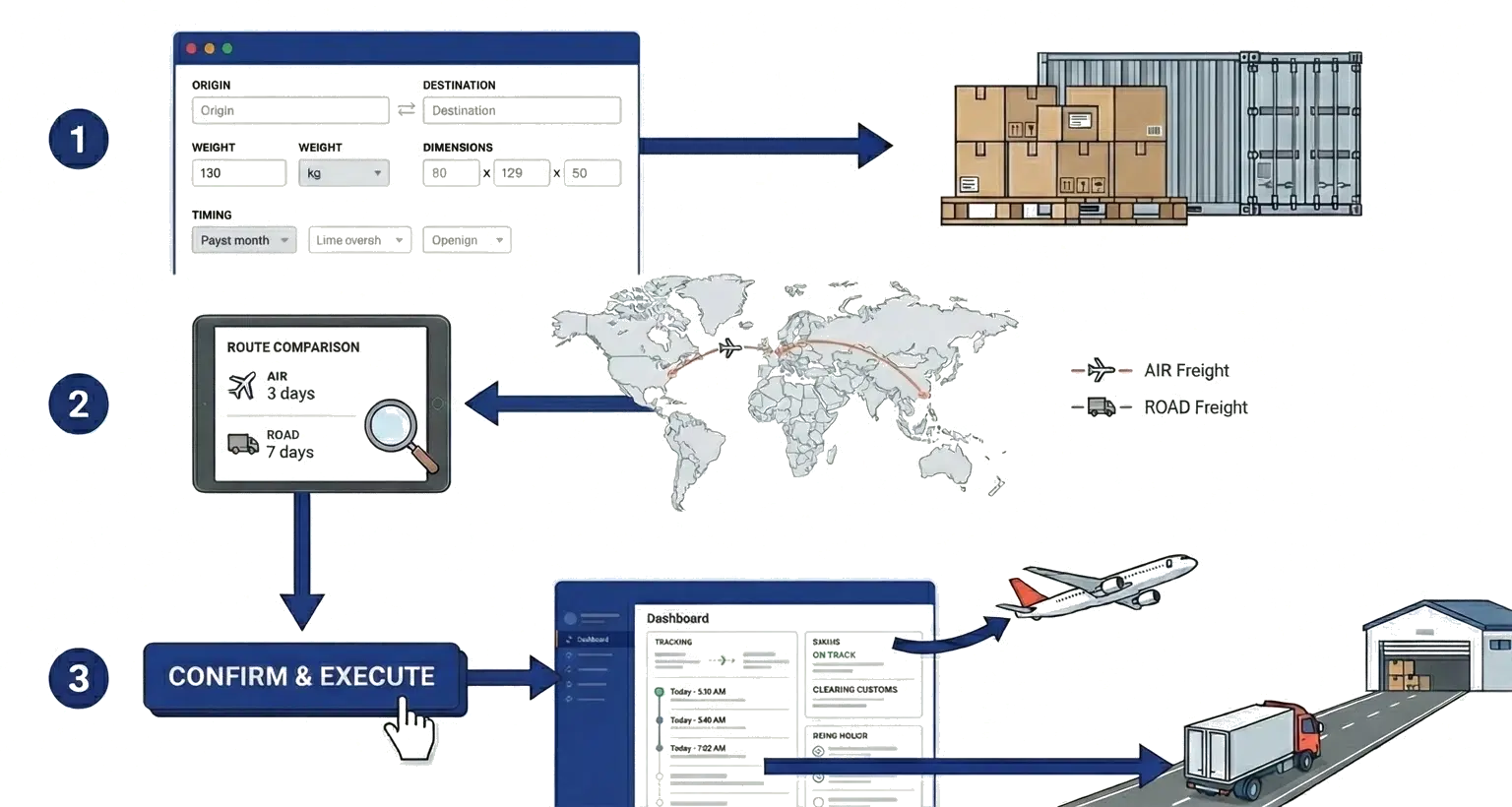 Three-step shipment process illustration: shipment details, route planning, confirm & execute